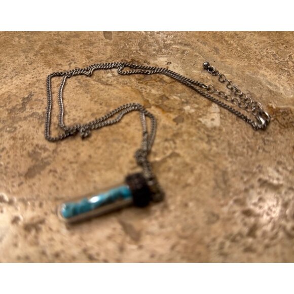 Miniature Glass Vial Necklace With Blue Turquoise Stones On Silver Chain - Picture 5 of 5